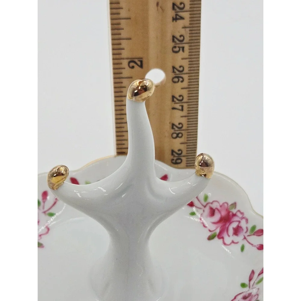 Vintage I.W. Rice Hand Painted Porcelain Ring Holder Pink Rose Gold Trim Japan